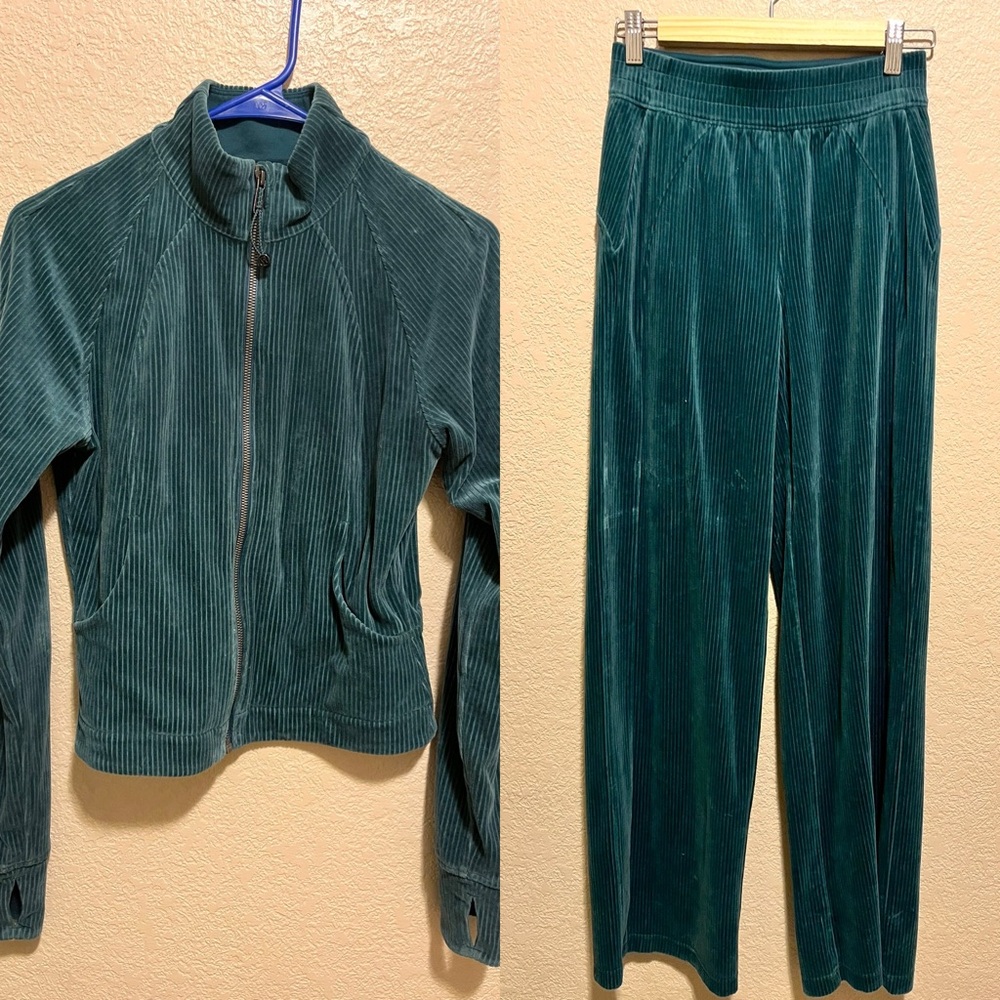 Lululemon Scuba Track Jacket & Wide Leg Pant Suit Velvet Cord in Storm Teal